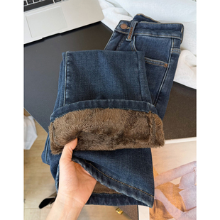 蓝灰色超厚加绒小个子微喇叭牛仔裤女冬季保暖高腰修身显瘦喇叭裤