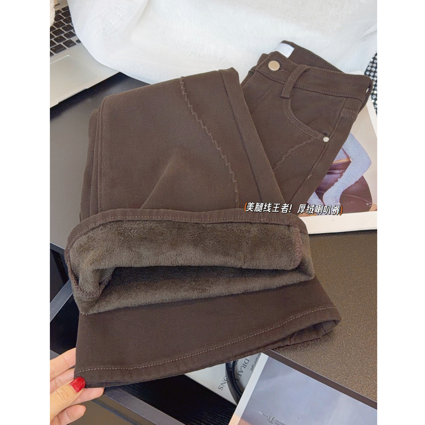 美式咖色微喇加绒牛仔裤女2025年冬季新款修身弹力设计感喇叭裤子,女装/女士精品,牛仔裤,淘宝优惠券,粉丝福利购,淘宝优惠卷