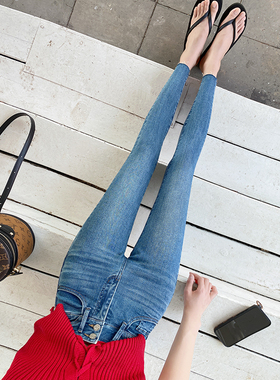 深蓝色高腰小脚牛仔裤女2026春秋新款显瘦弹力紧身小个子九分裤子