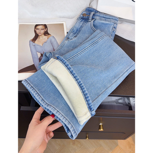腿精超模裤⭐浅蓝色加绒加厚微喇牛仔裤女冬季保暖高腰显瘦喇叭裤