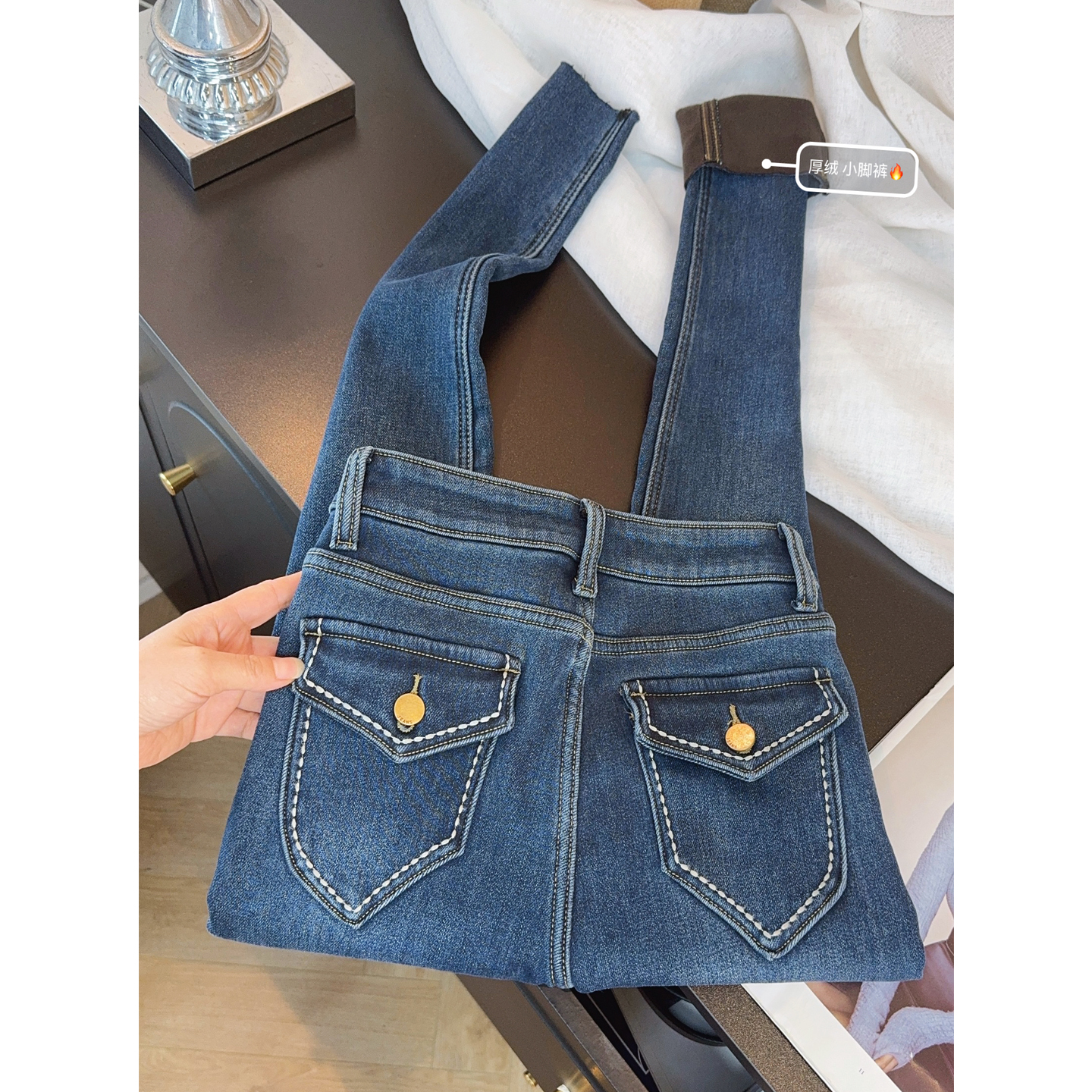 小个子靴裤~蓝色加绒紧身牛仔裤