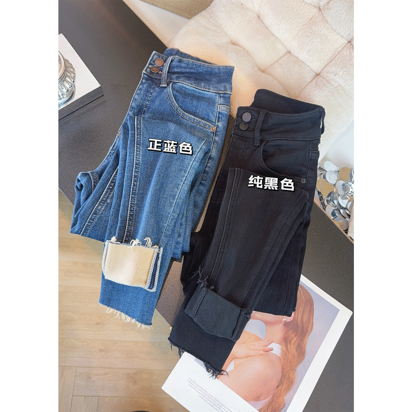 王炸靴裤~深蓝色加绒紧身牛仔裤