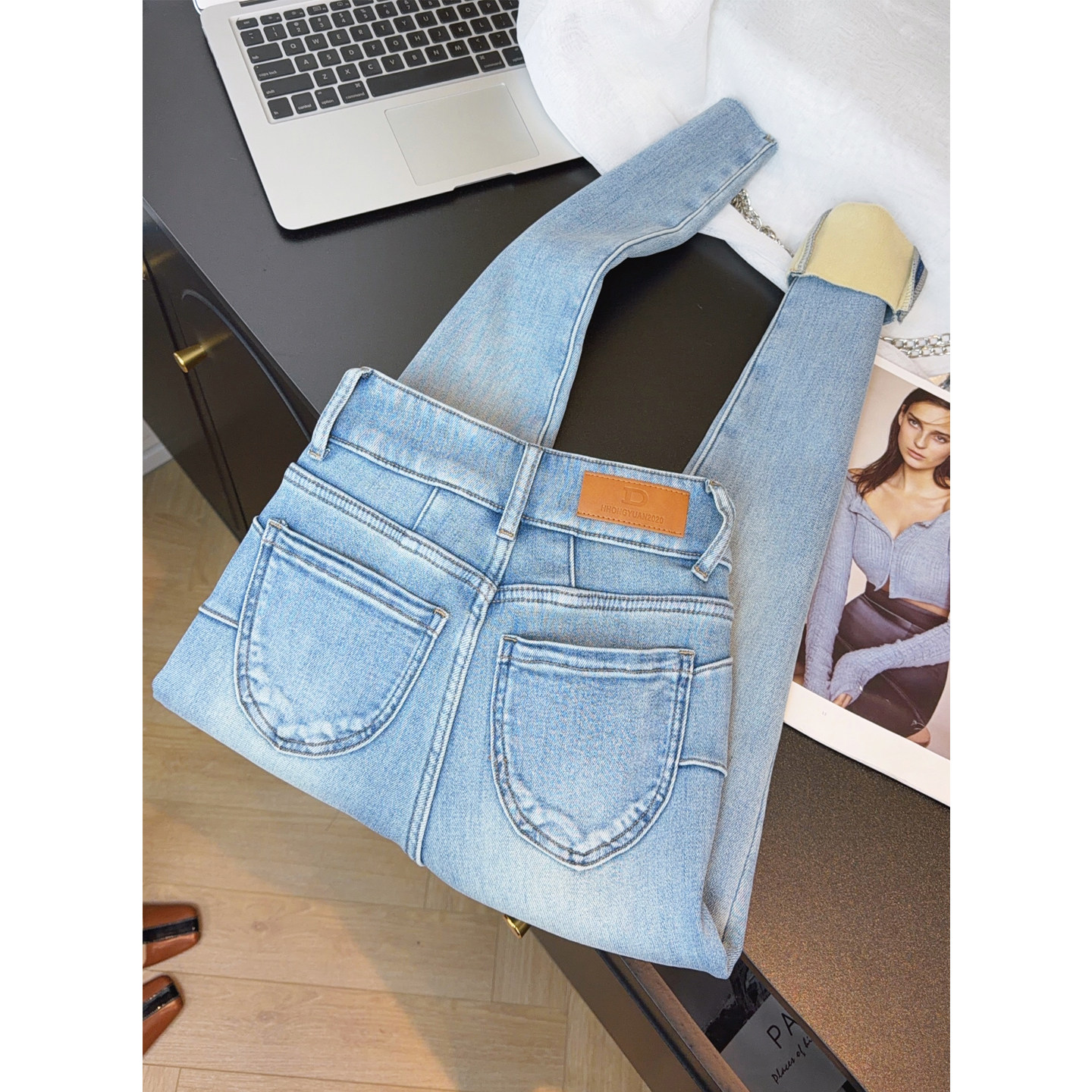 高品质浅蓝色加厚绒紧身牛仔裤