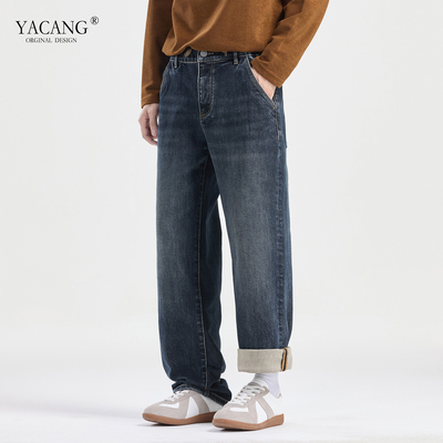 冬季加绒美式半松紧腰牛仔裤男