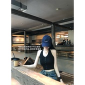 Mengling梦玲 慵懒街头黑色挂脖露背绑带收腰露腰短款 吊带背心女