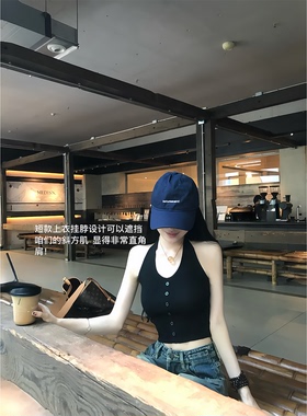 Mengling梦玲 慵懒街头黑色挂脖露背绑带收腰露腰短款吊带背心女