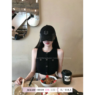 子Mengling 智系姐姐 古早黑无袖针织短款挂脖修身背心