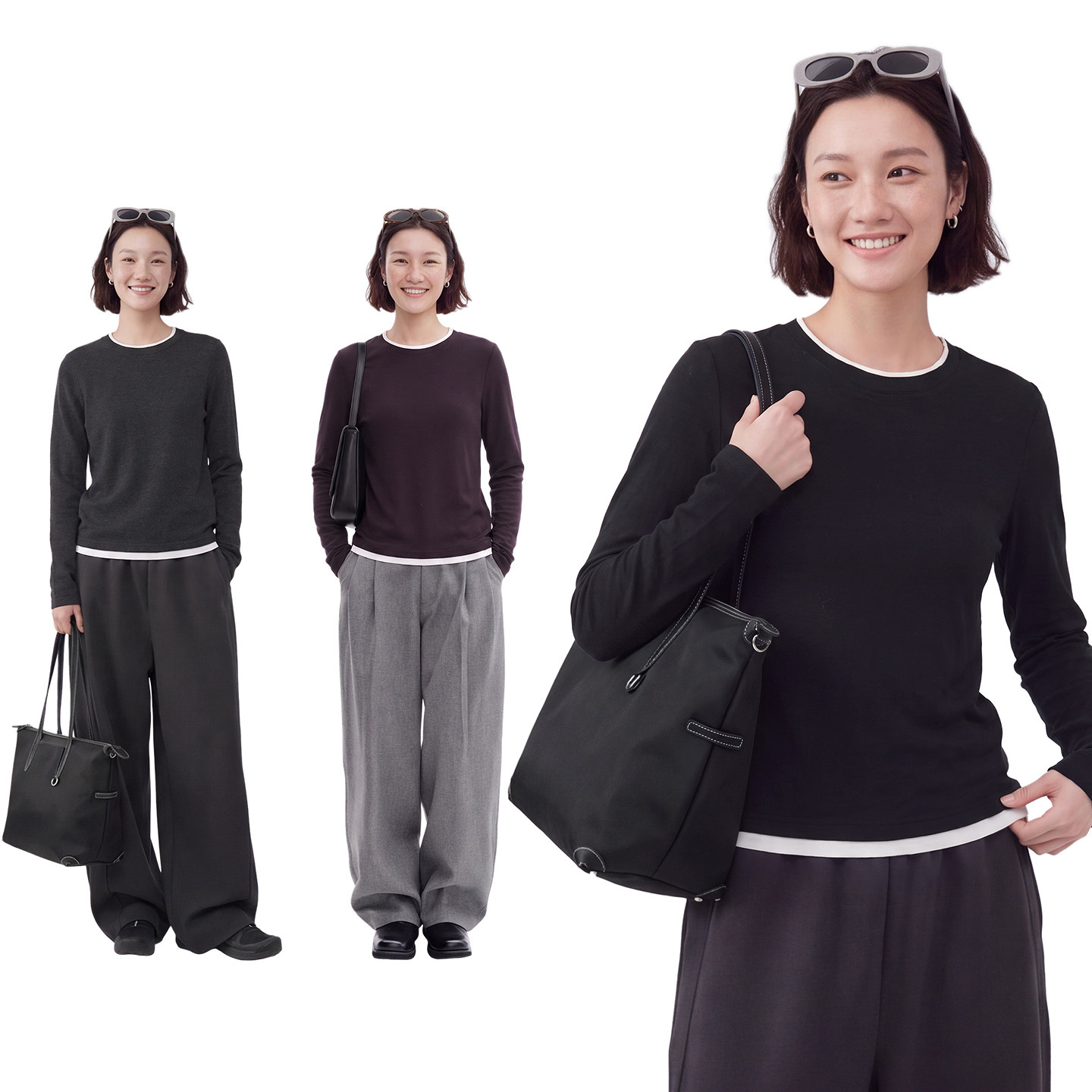 云上生活【白边叠影】羊毛混纺撞色正肩长袖T恤女2026冬打底上衣