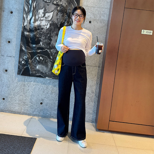 孕妇裤子牛仔裤春秋外穿原色阔腿裤秋冬加绒加厚直筒裤孕妇装春装