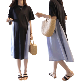 孕妇连衣裙时尚宽松大码200斤长款过膝长裙纯棉韩版孕妇夏装裙子