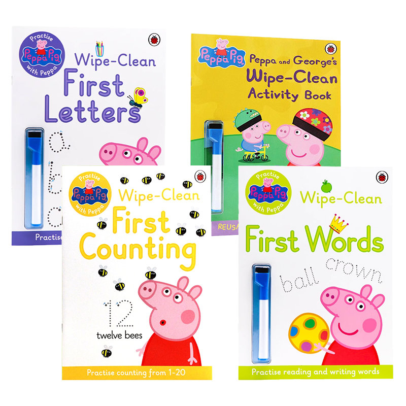 英文原版绘本 Peppa Pig Practise with Peppa Wipe-Clean 小猪佩奇粉红猪 可重复擦写4册  拼写单词书写时间数字刷刷笔擦擦笔书