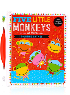 英文原版绘本五只小猴子和其他韵文计数童谣触摸纸板书  Five Little Monkeys 宝宝触摸玩具书0-1-2-3岁数学启蒙认知撕不烂纸板书