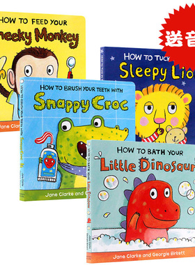 英文原版绘本 how to 幼儿生活自理系列4册1-3-6岁刷牙洗澡睡觉吃饭儿童习惯养成How to Bath Your Little Dinosaur角色扮演