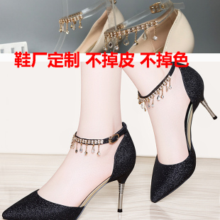 百搭高跟鞋懒人纯牛皮束鞋带女不跟脚绕脚脖子带扣带可调节防掉跟