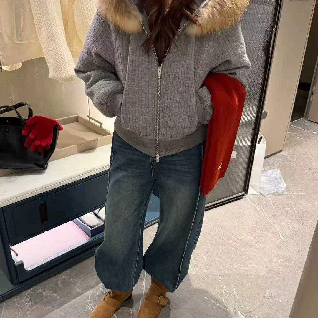 多多鸭绒休闲宽松连帽保暖羽绒服外套(配可拆真貉子毛毛领)9903