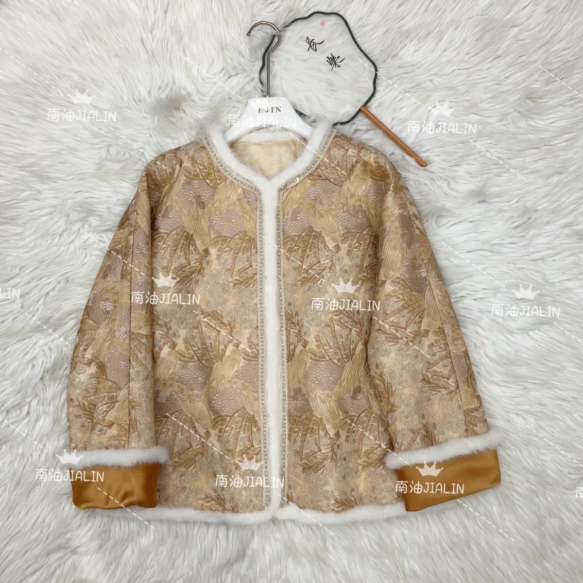 多多冬上新撞色袖金羽花水貂毛保暖棉服外套jl-FU3363-1-AW2