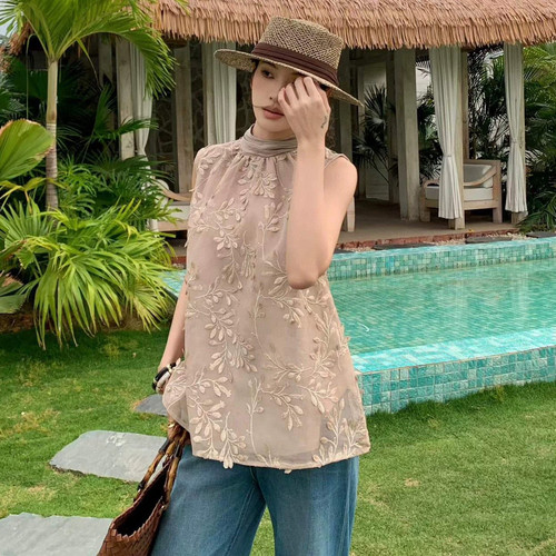多多小众设计夏上新精致贵气提花刺绣无袖上衣小衫J972