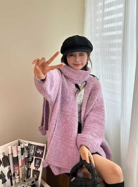 多多韩版宽松简约百搭V领保暖毛衣(配围巾)25107