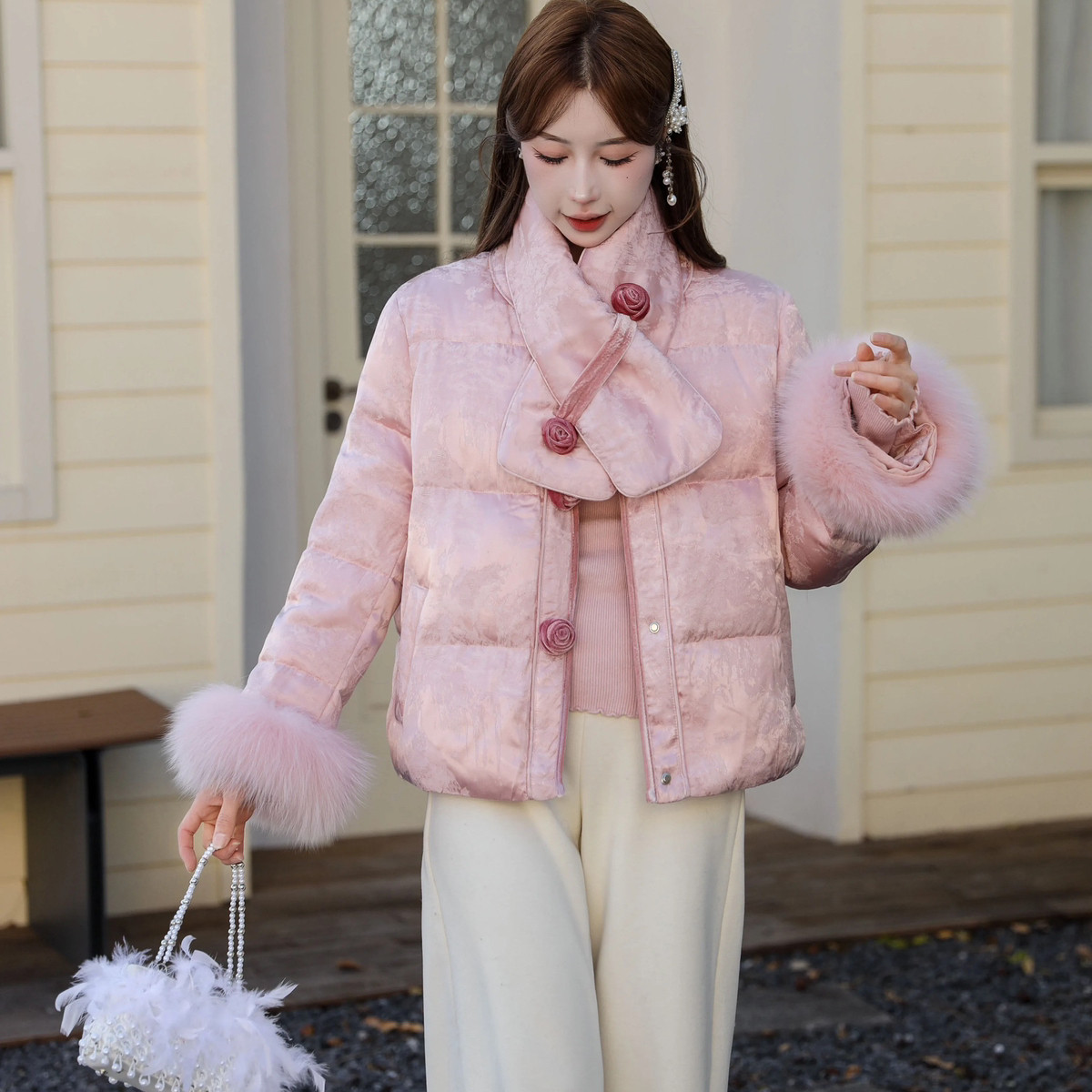 多多小众羽绒服外套(配围巾可拆卸真狐狸毛毛袖)YS1-6101