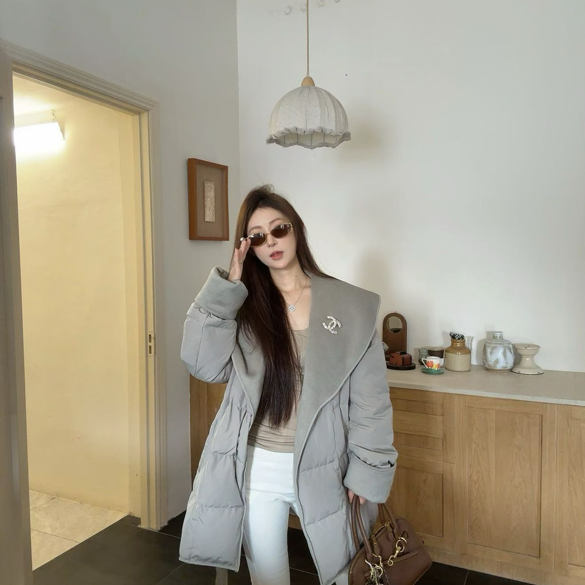 多多大牌翻领中长款系带保暖羽绒服外套(配腰带)25111002