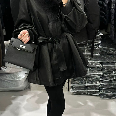 多多皮韩版收腰中长款外套大衣(不配真狐狸毛领腰绳)YS1-Q8515