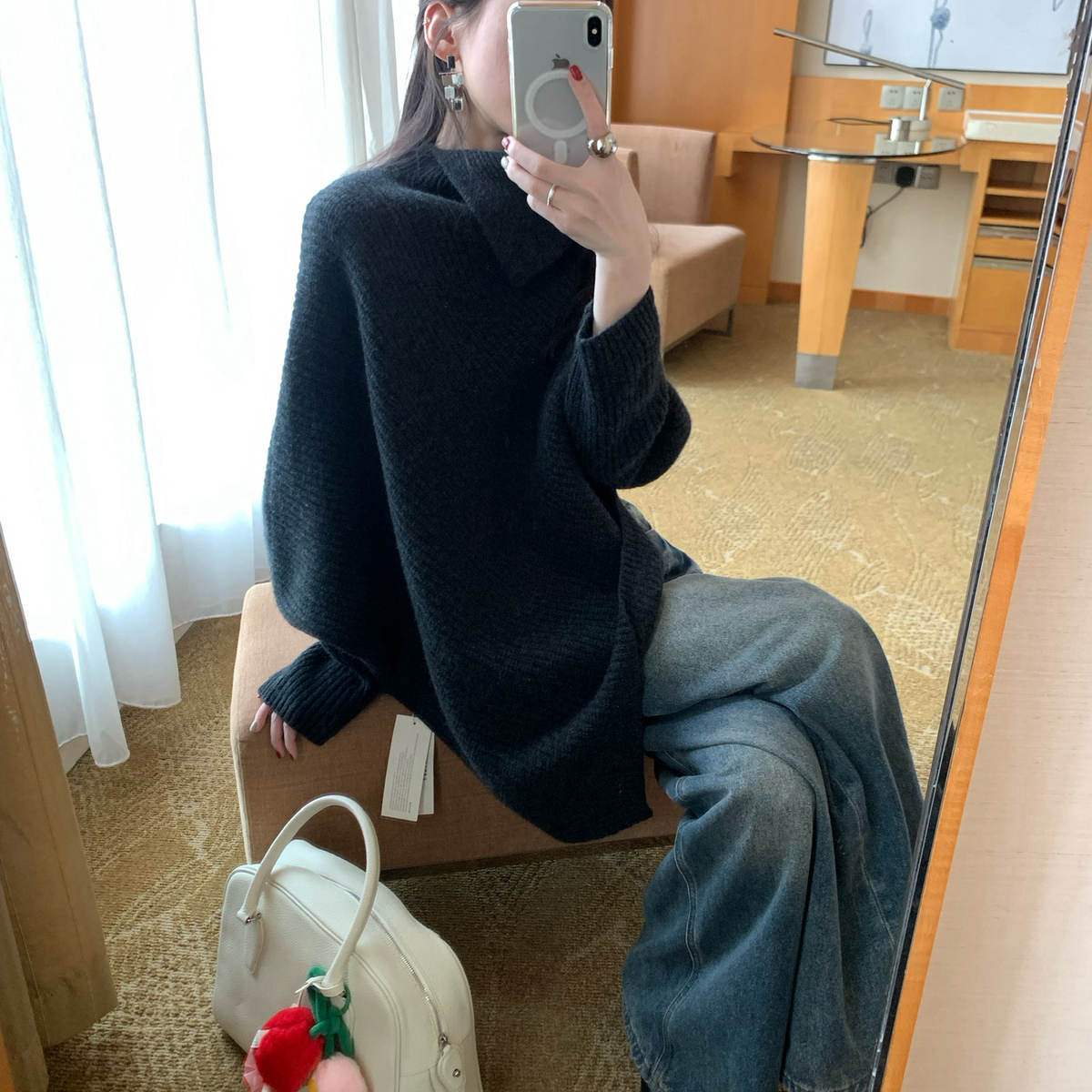 多多蝠长袖高领毛衣针织衫斗篷上衣秋冬毛衣(含100绵羊毛)8277