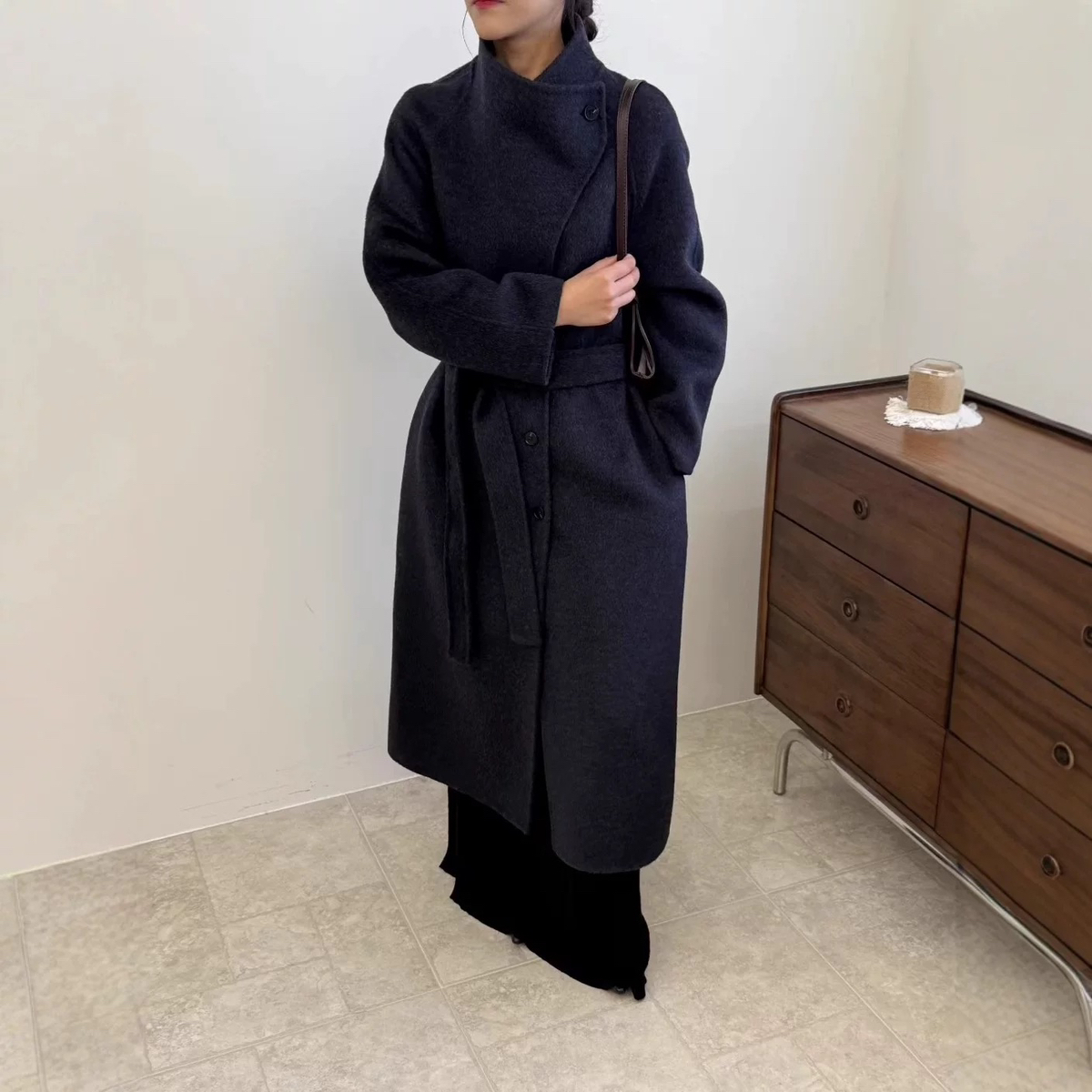 多多版高级感宽松立领单排扣羊毛外套(配腰带)（含100羊毛）89675