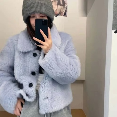 Beginning -皮草短款女翻领浅蓝羊毛外套（含100羊毛）Q多25-2488