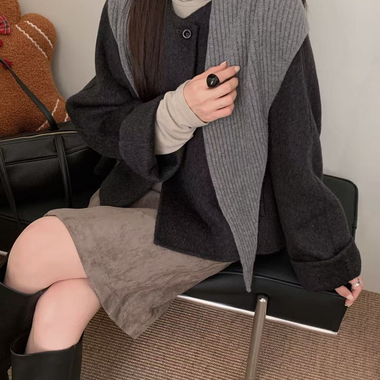 多多搭配针织披肩羊毛外套(配三角针织披肩)（含100绵羊毛）B1610