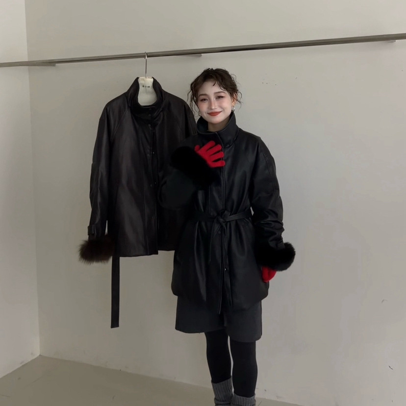 多多宽松百搭保暖羽绒服外套(配腰带可拆卸真狐狸毛毛袖)8761