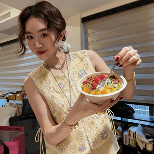 多多马甲国风新中式 配腰绳 速发 HSN0146234 蕾丝拼接亮片马甲