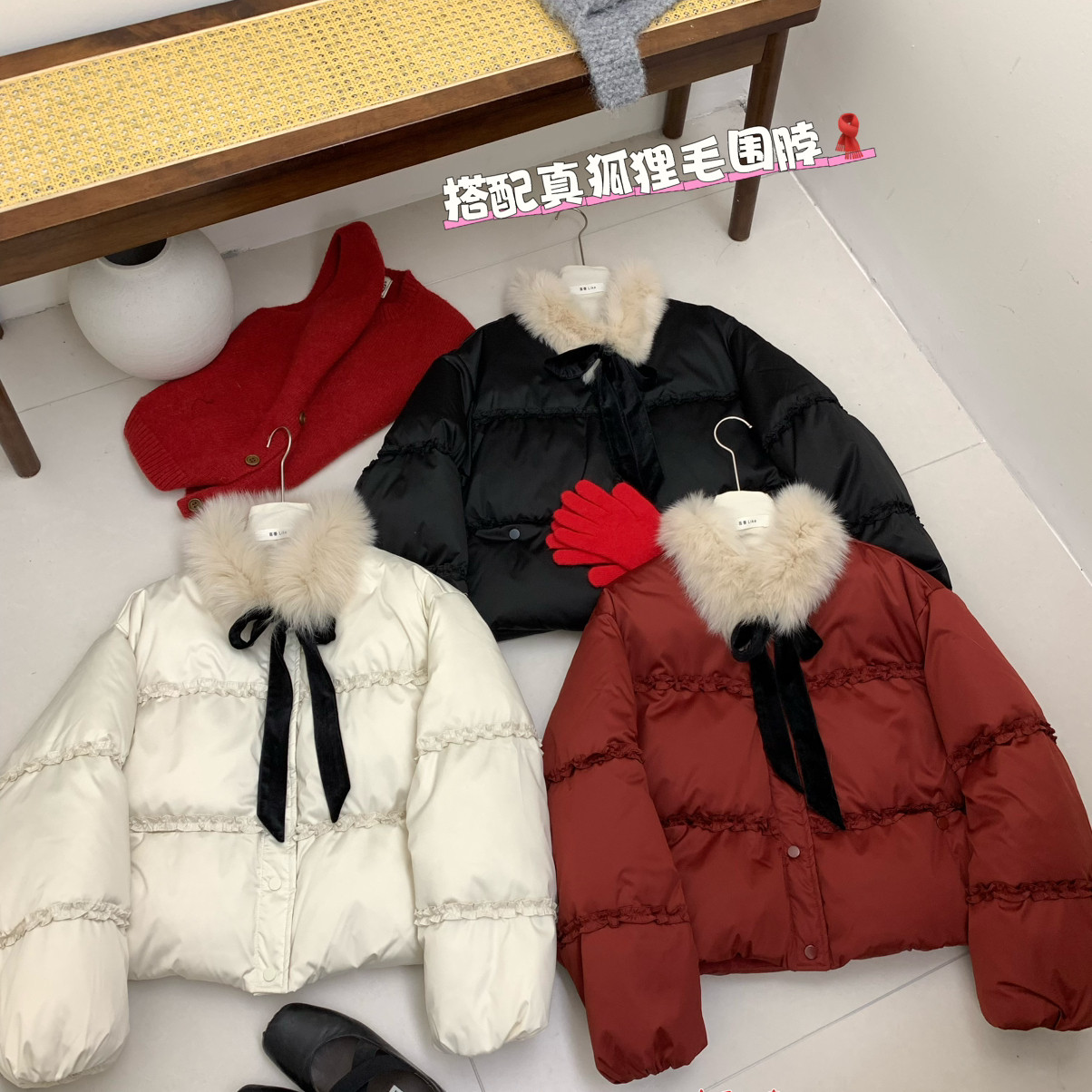 多多设计感时尚宽松显瘦保暖羽绒服外套(配可拆真狐狸毛领)1610