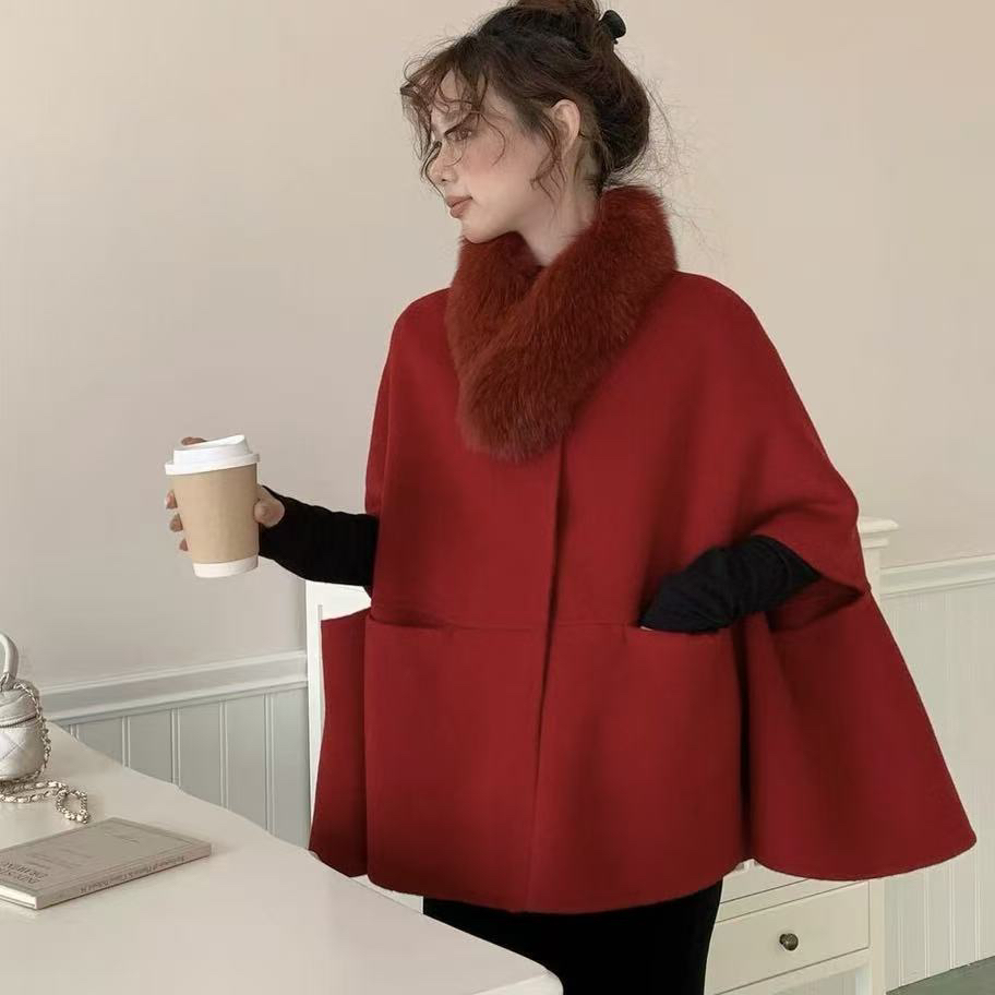 多多款圆领斗篷羊毛外套(配可拆卸狐狸毛领)（含100羊毛）YS8-n28