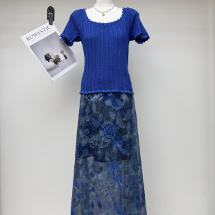 GZJL7598 纯欲辣妹半身裙两件套套装 多多小众蓝冰丝针织衫