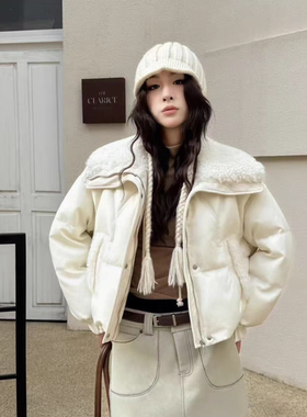 多多看设计感大翻领仿羊羔毛拼接小个子羽绒服(含90白鸭绒)23645