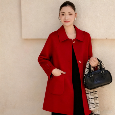 多多年氛围感红色双面呢羊毛中长款小个子大衣(含100羊毛)42640