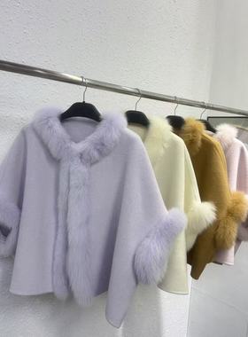 多多店款狐狸毛斗篷外套名媛短款双面羊毛外套（含100澳毛）27660