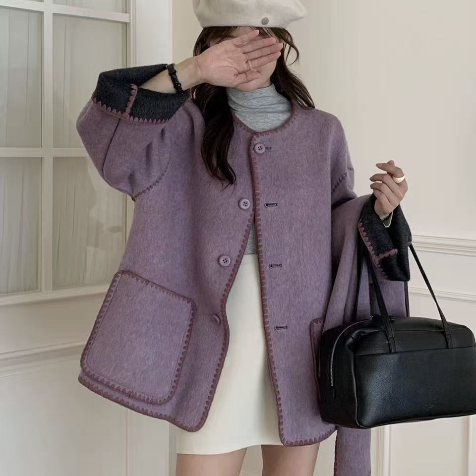 多多色韩版时尚气质宽松中长羊毛外套(配围巾)（含100羊毛）n2920