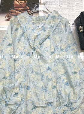 多多小众设计设计款小众轻薄蓝色系甜美碎花荷叶边飘带衬衫J992