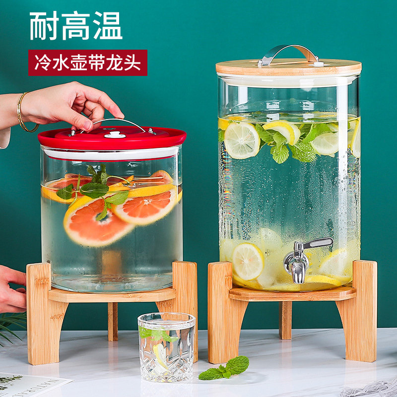 新品冷水壶带龙头凉水壶大容量柠檬茶容器家用耐高温玻璃饮料桶果