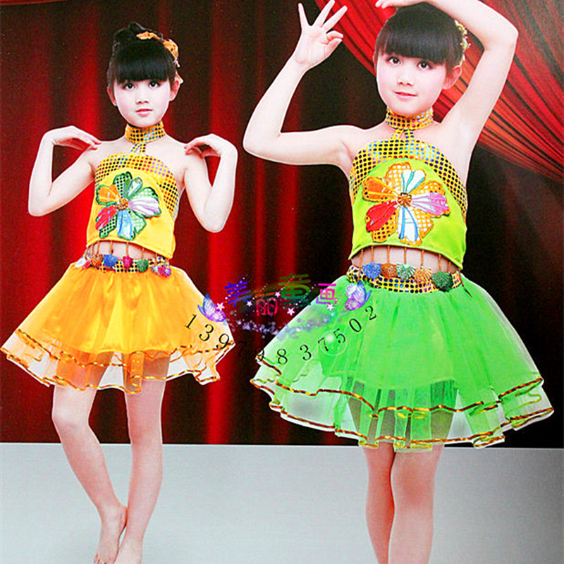女童五色花裙喜庆舞台演出服民族演出服装民族舞扇子舞手绢舞2025