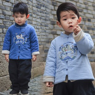 中国风仙鹤男宝宝加棉男童棉衣外套汉服童装20秋冬加厚儿童唐装