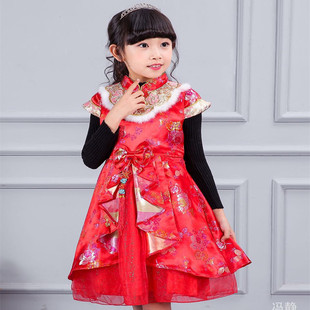 2022女童装大裙摆亮片旗袍纱裙子女孩冬季唐装礼服演出表演服古装