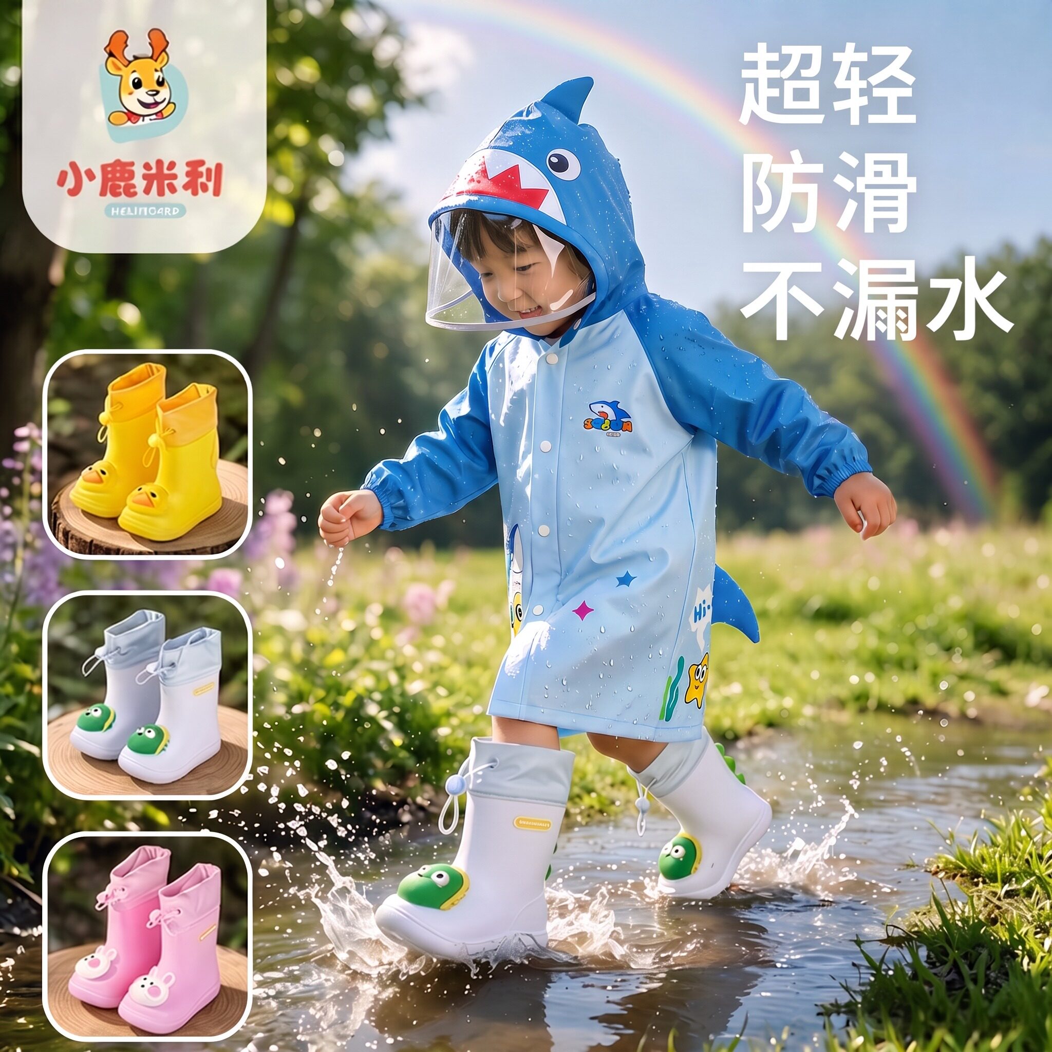 儿童雨鞋男童新款轻便防滑软底幼儿小孩上学束口宝宝雨靴雨衣套装图片