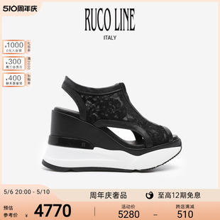 Ruco 商场同款 10cm跟增高鞋 Line如卡莱黑色蕾丝高跟女士鱼嘴凉鞋