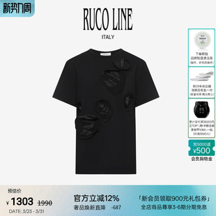上衣立体花朵休闲女商场同款 Ruco Line如卡莱圆领黑色短袖