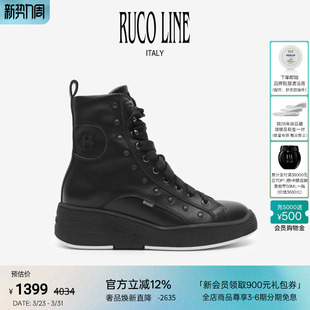 Ruco Line如卡莱意大利奢华黑色牛皮马丁靴女厚底短筒靴5cm增高鞋