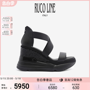 10cm跟增高鞋 商场同款 Line如卡莱水钻皮革女士露趾坡跟凉鞋 Ruco