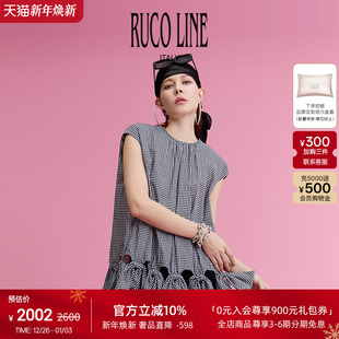 Line如卡莱25夏棉黑白格女上衣包袖 Ruco 蝴蝶结下摆 新品