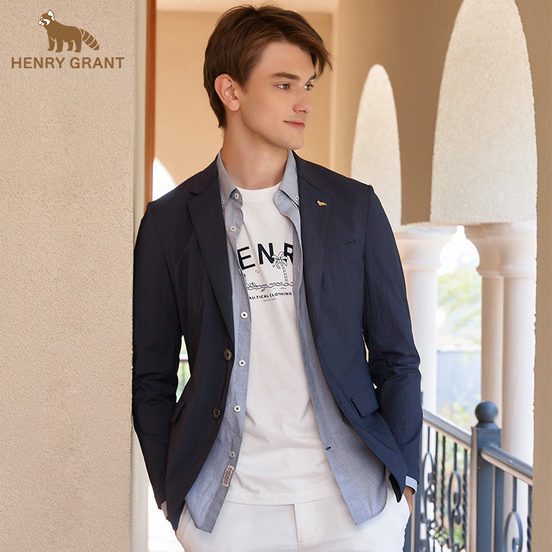 亨利格兰小熊猫春新款男商务休闲便西易打理西服简约西装轻薄外套
